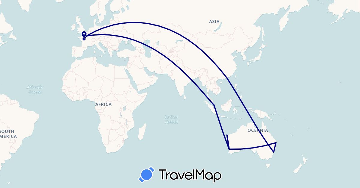TravelMap itinerary: driving in Australia, France, Hong Kong, Singapore (Asia, Europe, Oceania)